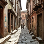 **Forgotten alleyway:** Old buildings, narrow paths, faded murals, and locals interacting, capturing a sense of historical time travel and community.