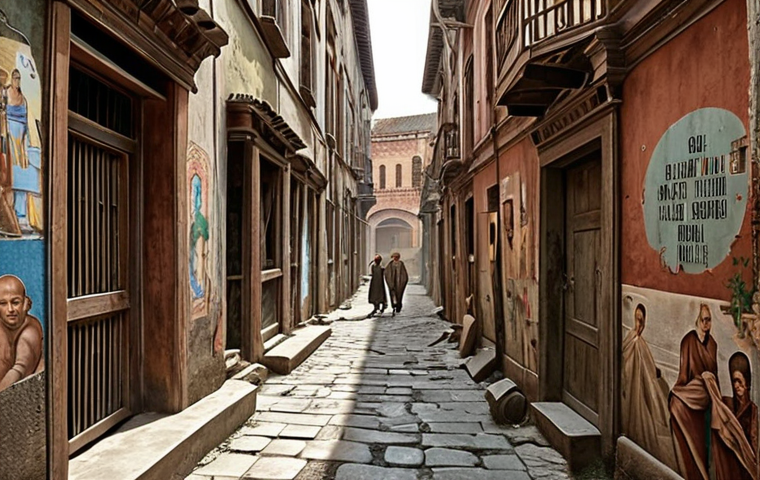 **Forgotten alleyway:** Old buildings, narrow paths, faded murals, and locals interacting, capturing a sense of historical time travel and community.